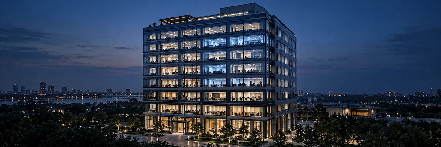 Multi-story commercial office building at dusk